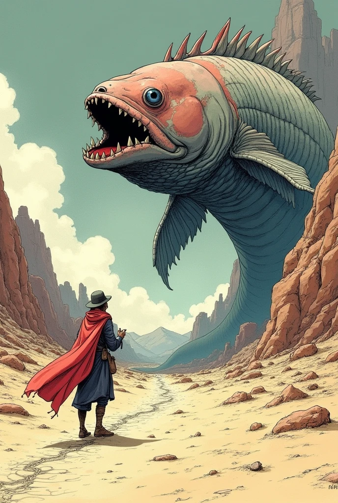 Ink painting of a traveler caught by a giant fish monster flying through the desert、Moebius and mohrbacher, by jean Moebius giraud, ( Moebius ), Moebius illustration art, inspired by jean Moebius giraud, Moebius art, Moebius著, comic book artist Moebius, Moebius artwork, Moebius, style of jean giraud Moebius