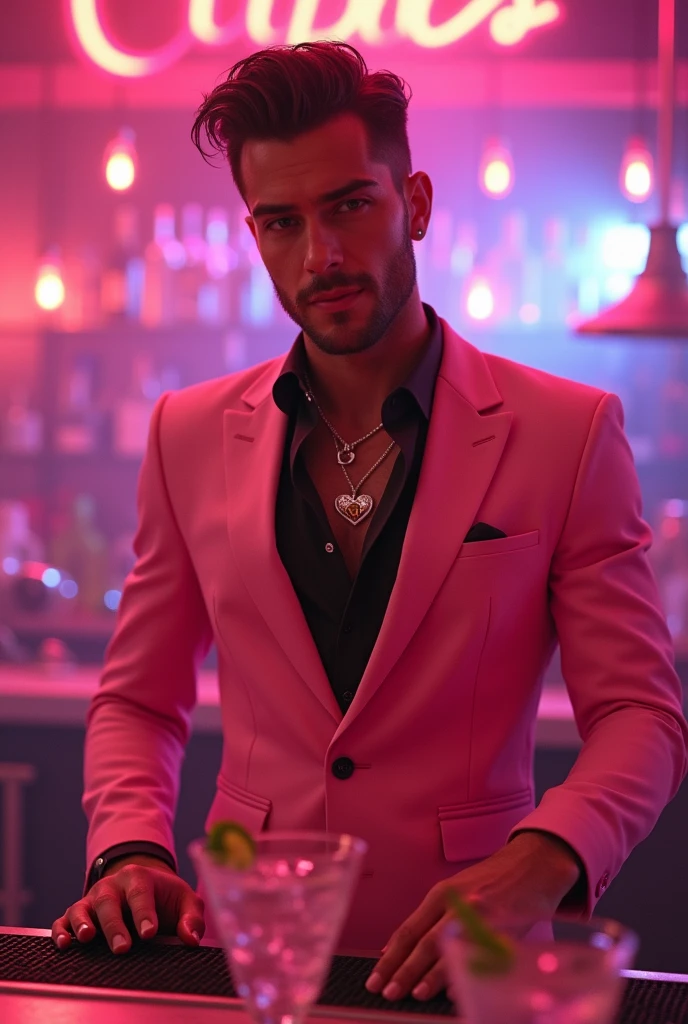 Man with salmon pink hair, barba curta, Fancy clothes and you're in a casino