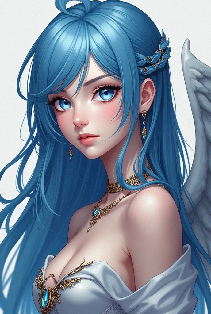White dress, rooftop, desert, 1girl, 1 Screen View, low angle, illustration, standing, Shiny natural skin texture, cheerful, Cute face, nose blush, grin, fluffy bob cut, hair ribbon, (Wings are growing:1.8), (nsfw:1.1), (8K:1.2), (masterpiece:1.2), (highest quality:1.1), (Beautiful expression:1.1), (see through:1.1), (puffynipple:1.1), (Light-pigmented nipple:1.3), (No underwear:1.2), (sky blue hair:1.6), (flower hair ornament:0.8)