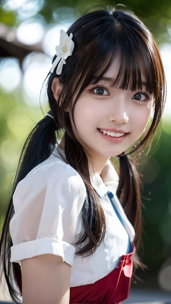 (Beautiful 15 year old Japan woman), cute face, (deeply carved face:0.7), (freckles:0.6), soft light,healthy white skin, shy, (serious face), thin, smile, uniform, ponytail
