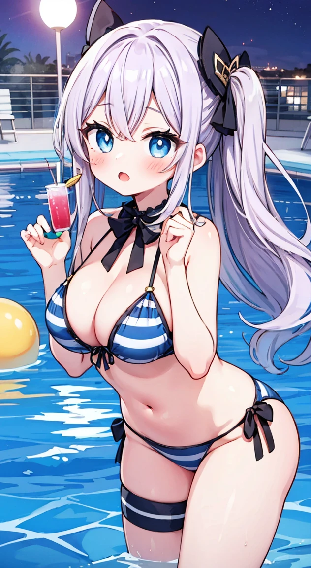 side tie panties,,masterpiece, highest quality, (anime screencap:1.3),(shape), cute,(simple:1), (anime:1.2),Solo Sharp Focus, 1 girl, cleavage,looking at the viewer, nighttime pools,Are standing,glamorous,(NSFW:1.2),Colorful bikini,pastel colour bikini,beautiful hair,Horizontal stripes,heart shaped pupils,plaid pattern bra, plaid pattern panties,(Holding a Tropicaljuice1.1),cute eyes,puffy eyes,seductive pose,Beaming face,large breasts,heart shaped sunglasses on head,cheerful