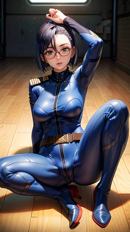 ((have a hidden skin)), Blue Latex Suit, bob cut, very short hair, blonde hair, small breasts, living room, on the sofa, spread your legs, chest focus, enchanting smile, blue eyes, red glasses, beautiful women, whole body, In 8K,Hmm, 