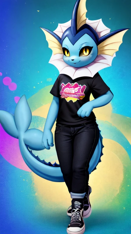 full-body portrait, feet visible, looking at viewer, 1girl, anthropomrphic vaporeon pokemon girl, black sclera and yellow eyes, black cap on head, black jeans, black-yellow-white sneakers, grey shirt, white-yellow socks, grey-yellow headphones on a head, clothed in punk style with boombox, 4fingers, furry anime character, great anatomy, perfect face and eyes, abstract neon background, posing for photo, (masterpiece), (best quality)