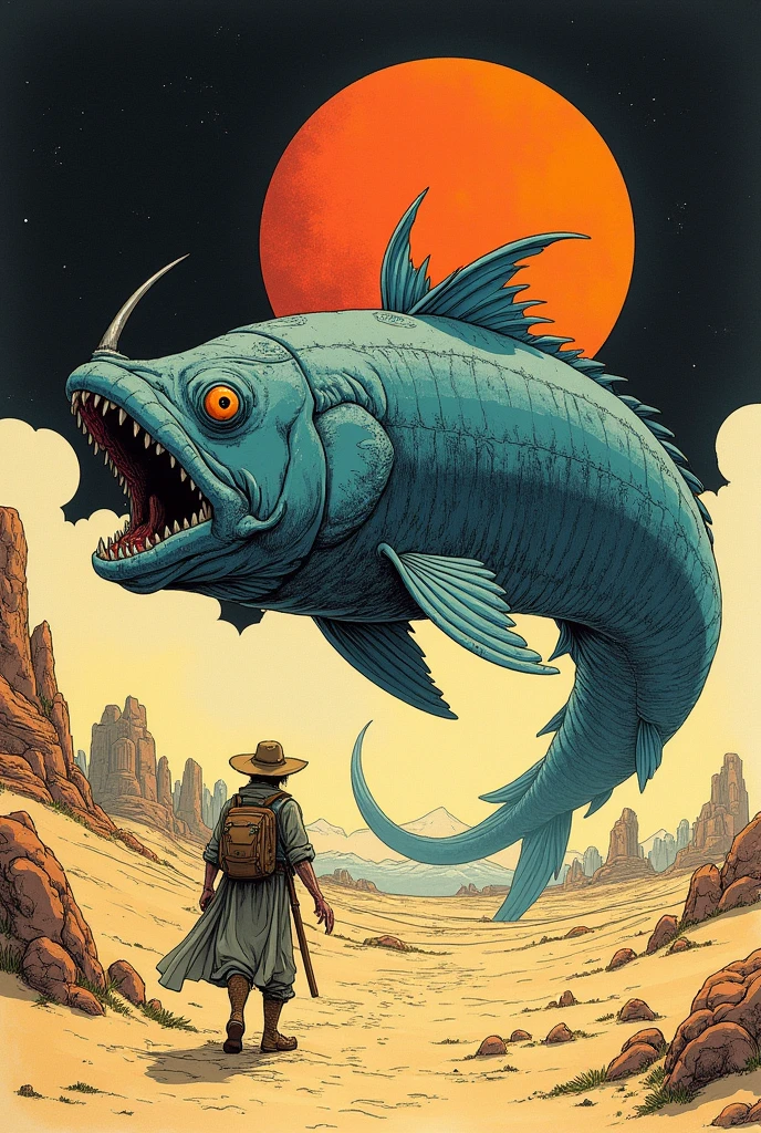 Ink painting of a traveler caught by a giant fish monster flying through the desert、Moebius and mohrbacher, by jean Moebius giraud, ( Moebius ), Moebius illustration art, inspired by jean Moebius giraud, Moebius art, Moebius著, comic book artist Moebius, Moebius artwork, Moebius, style of jean giraud Moebius