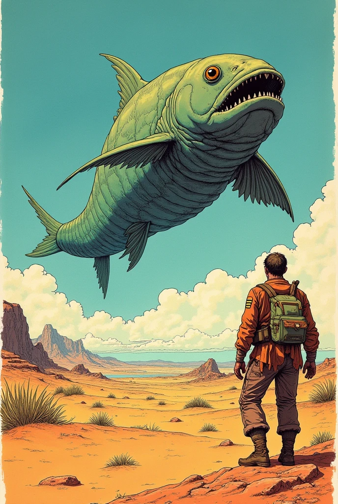 Ink painting of a traveler caught by a giant fish monster flying through the desert、Moebius and mohrbacher, by jean Moebius giraud, ( Moebius ), Moebius illustration art, inspired by jean Moebius giraud, Moebius art, Moebius著, comic book artist Moebius, Moebius artwork, Moebius, style of jean giraud Moebius