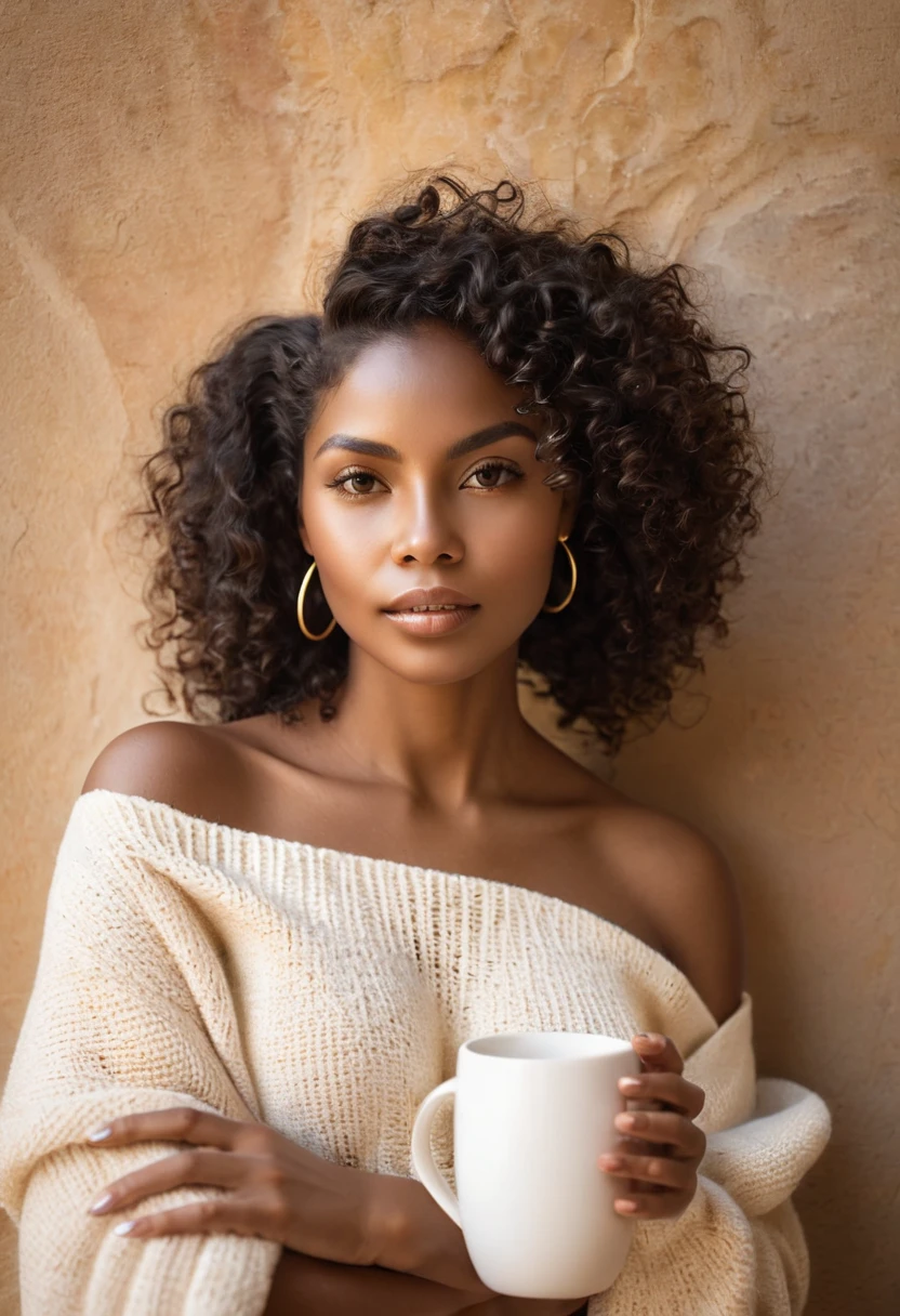 Create a high-resolution image of an African woman with deep brown skin, holding a white ceramic mug in a relaxed, selfie POV cozy pose. She has natural curly or coily black hair that falls around her shoulders and wears minimal, natural makeup. Her expression is calm and serene. She is dressed in a thick, cream-colored knit sweater, sitting against a textured stone wall background with warm sunlight highlighting her face and casting gentle shadows. Her fingers are adorned with elegant gold rings, and her nails are neatly manicured. The overall tone should feel warm, inviting, and comfortable, emphasizing natural beauty and a tranquil moment.