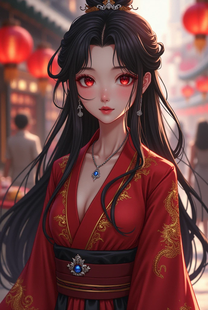 细致的Facial details，1 girl、Cat ear，Black long hair,red lips，Slim，Wearing a shirt，jeans，Large Breasts，Two hands，Two Legs，Charming red eyes,，handcuffs，collar，Radiant Skin，Facial details，Night scene street market