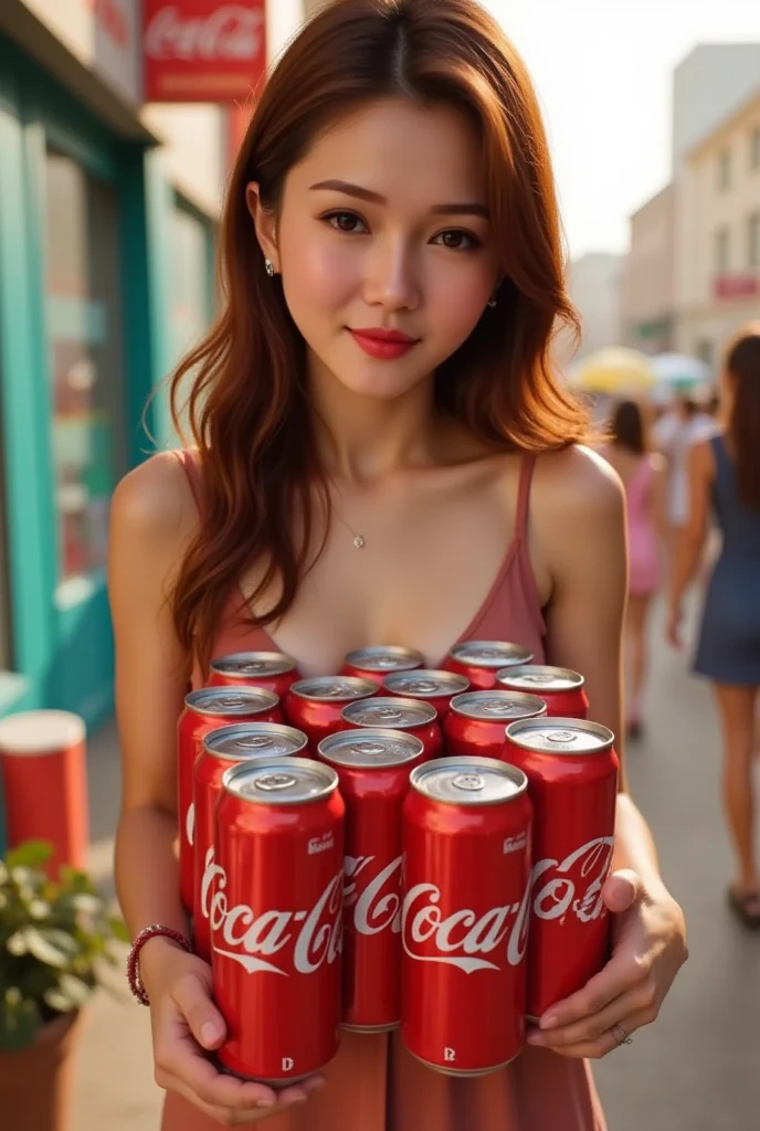 Lisamy carry Cocacola cans, text of cans logo  "Cocacola"