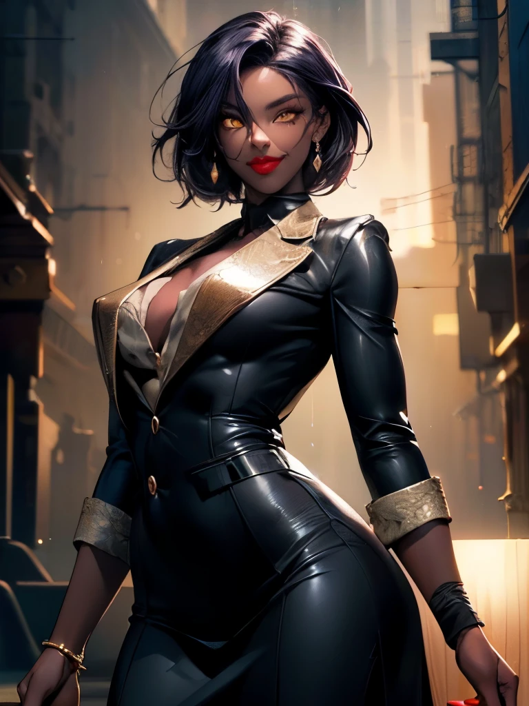 ((smirk,  half-open lips ,  looking at the viewer ,  golden eyes, makeup, lipstick, Dark skin,  full lips ))  On the shoulders,  On the shoulders, 1 ,  futanari, business woman, formal suit, skirt,  Big breasts ,   wide hips,  extremely low angle , worm vision, dominatrix, short Hair, Hair between eyes, Hair, purple Hair,   muscular yellow eyes mom ,  muscle , mulher madura Dark skin _style Dark skin,  tanned skin , A masterpiece, 8k resolution, dark fantasy concept art,  dynamic lighting ,  hyperdetailed , meticulously detailed, Opening screen art,  deep heart, unreal engine,  volumetric lighting ,  complementary colors , 