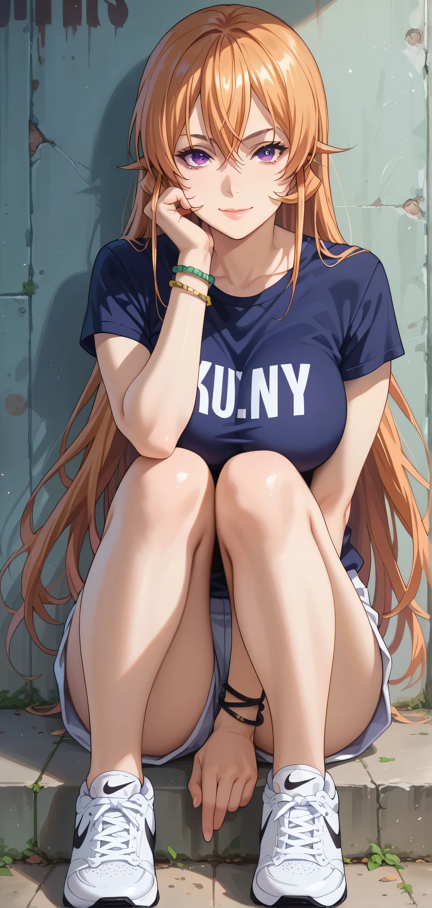 Close mouth, Mature female, fit girl, score_9, score_8_up, score_7_up, score_6_up, score_5_up, score_4_up, BREAK source_anime,1girl,erina nakiri, long hair, orange hair, hair between eyes,(purple eyes), shinny eyes,huge breasts, 1girl, solo, shoes, shirt, sneakers, sitting, long_hair, blue_shirt, looking_at_viewer, clothes_writing, jewelry, nike, short_sleeves, shorts, closed_mouth, t-shirt, bracelet, red_lips, full_body, grey_background, shoe_soles, smile 