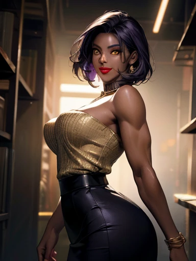 ((smirk,  half-open lips ,  looking at the viewer ,  golden eyes, makeup, lipstick, Dark skin,  full lips ))  On the shoulders,  On the shoulders, 1 ,  futanari, business woman, formal suit, skirt,  Big breasts ,   wide hips,  extremely low angle , worm vision, dominatrix, short Hair, Hair between eyes, Hair, purple Hair,   muscular yellow eyes mom ,  muscle , mulher madura Dark skin _style Dark skin,  tanned skin , A masterpiece, 8k resolution, dark fantasy concept art,  dynamic lighting ,  hyperdetailed , meticulously detailed, Opening screen art,  deep heart, unreal engine,  volumetric lighting ,  complementary colors , 