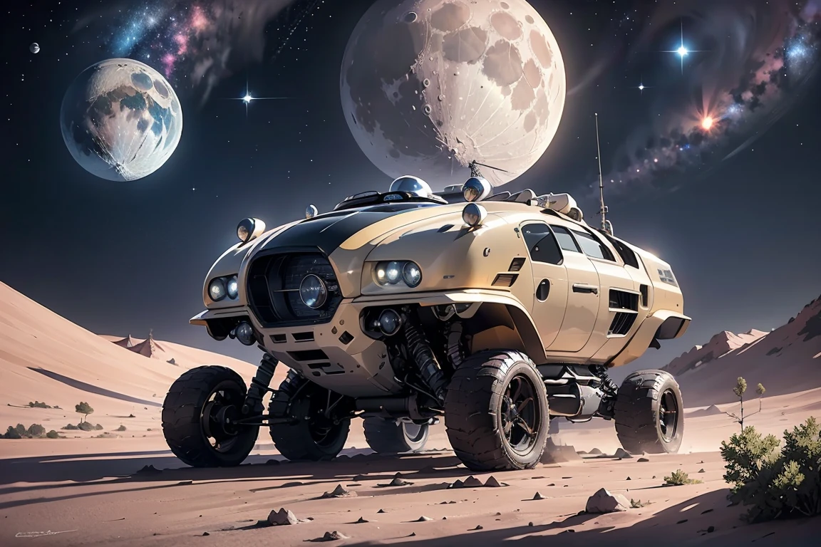 a highly detailed, photorealistic, 8k, intricate and complex sci-fi landscape, a futuristic moon base on the surface of the moon,moon buggy, with an expansive cosmos in the background featuring stars, planets, and a beautiful, cool-toned galaxy