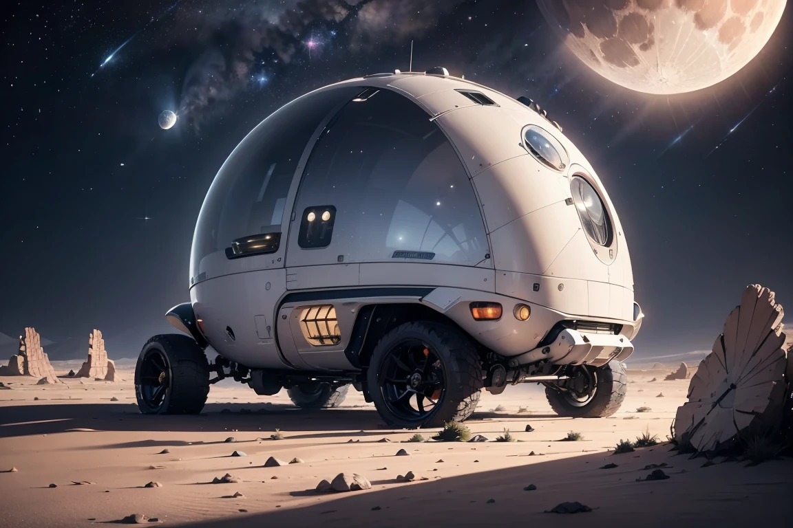 a highly detailed, photorealistic, 8k, intricate and complex sci-fi landscape, a futuristic moon base on the surface of the moon,moon buggy, with an expansive cosmos in the background featuring stars, planets, and a beautiful, cool-toned galaxy