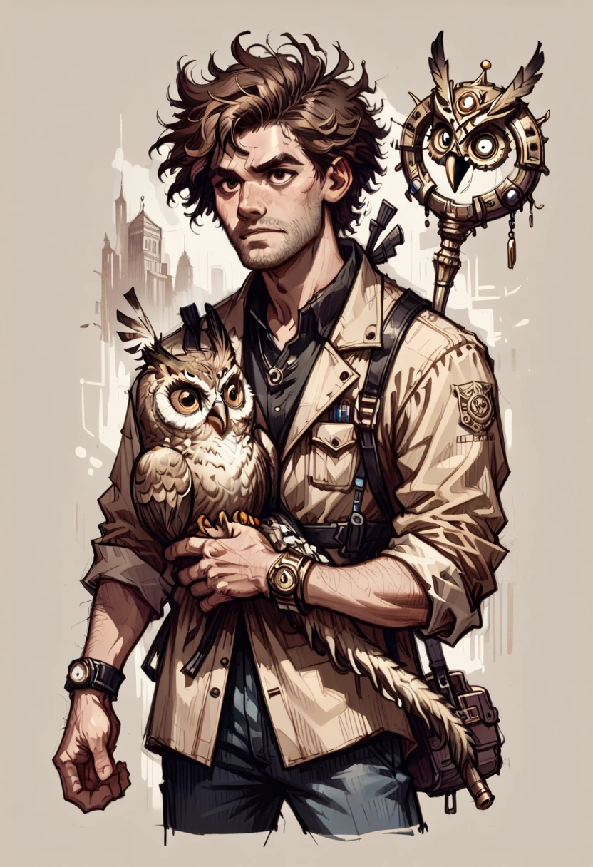 Young with a medium build in the style of Arcane, with an intermediate skin tone and unshaven, messy mullet hair. Brown eyes. He would wear a mix of outfits: technological attire with elegant details, blending Jayce's hextech sophistication with Ekko's urban, rebellious vibe. He would carry a hybrid weapon, such as a transformable staff incorporating hextech technology. His gaze would be flirtatious, and he’d wear a beige and gold owl mask similar to Ekko’s.
