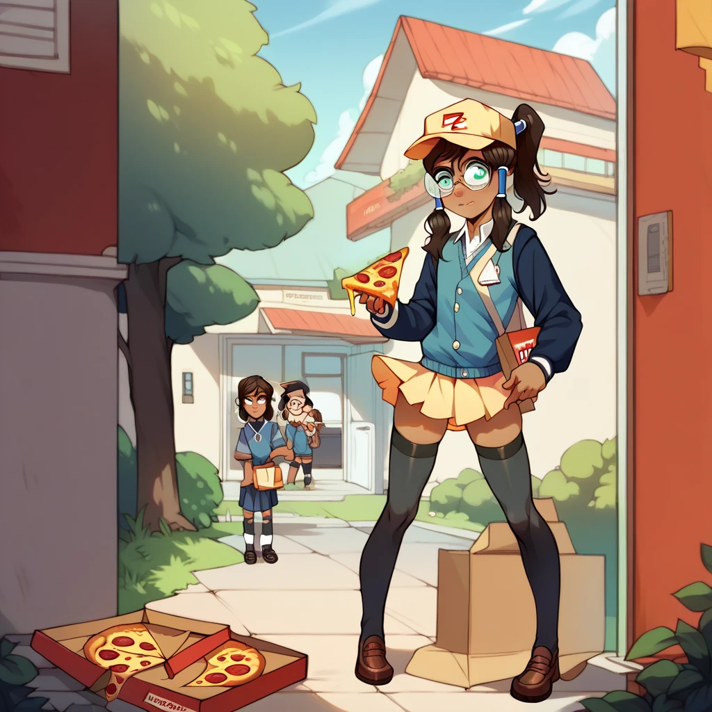 score_10, score_9, score_8_up, score_7_up, SOURCE_CARTOON, BREAK  Avatar Korra(girl,pizza delivery girl, pizza box,standing up,glasses,the legs are spread apart,school uniform,stockings,(little, young:1),), tits, entrance to the apartment