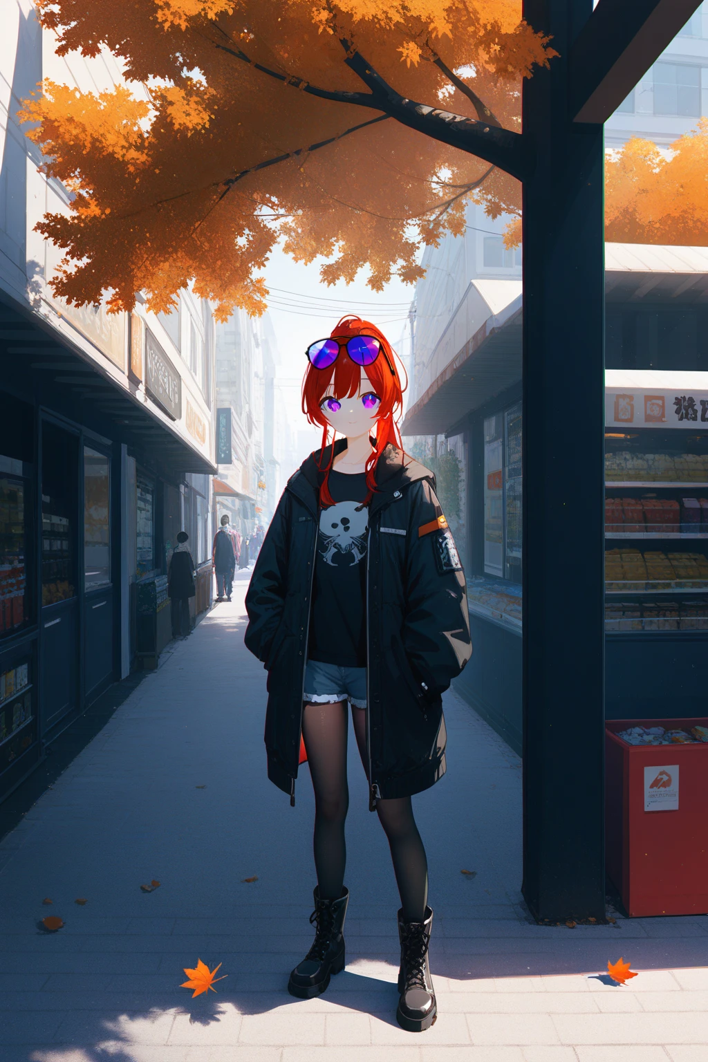 artist:ciloranko, [[artist:nai3]],ask (askzy),omone hokoma agm,
1girl,rim light,best quality,amazing quality,very aesthetic,intense shadows,masterpiece, best quality, autumn, street, shop,bangs,pretty eyes, purple eyes, eyewear on head, black jacket, jacket on shoulders, shirt, shorts, pantyhose,boots,