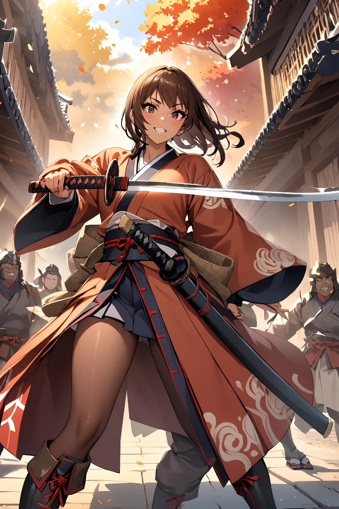  1 girl,   glossy brown skin,   Sengoku Warlords, samurai,  holding a Japanese sword,The dignity of the general,