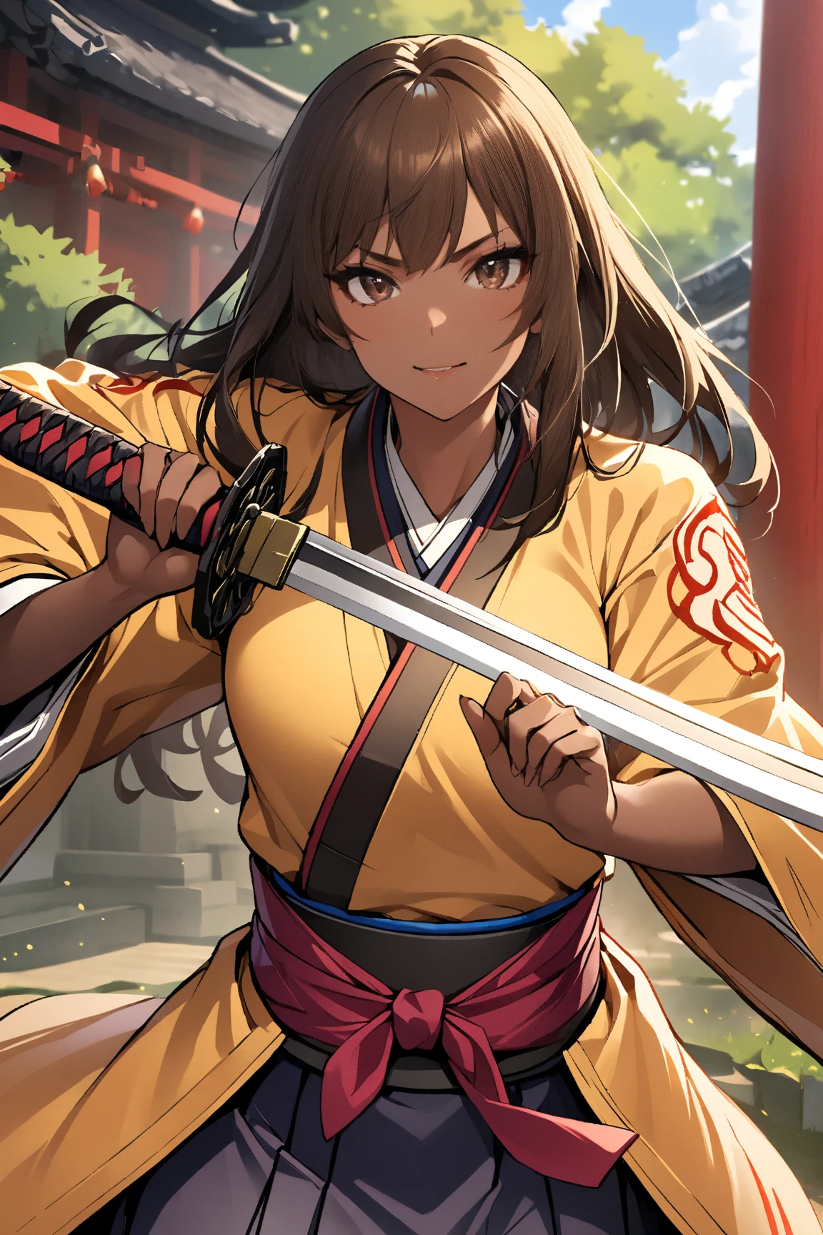  1 girl,   glossy brown skin,   Sengoku Warlords, samurai,  holding a Japanese sword,The dignity of the general,