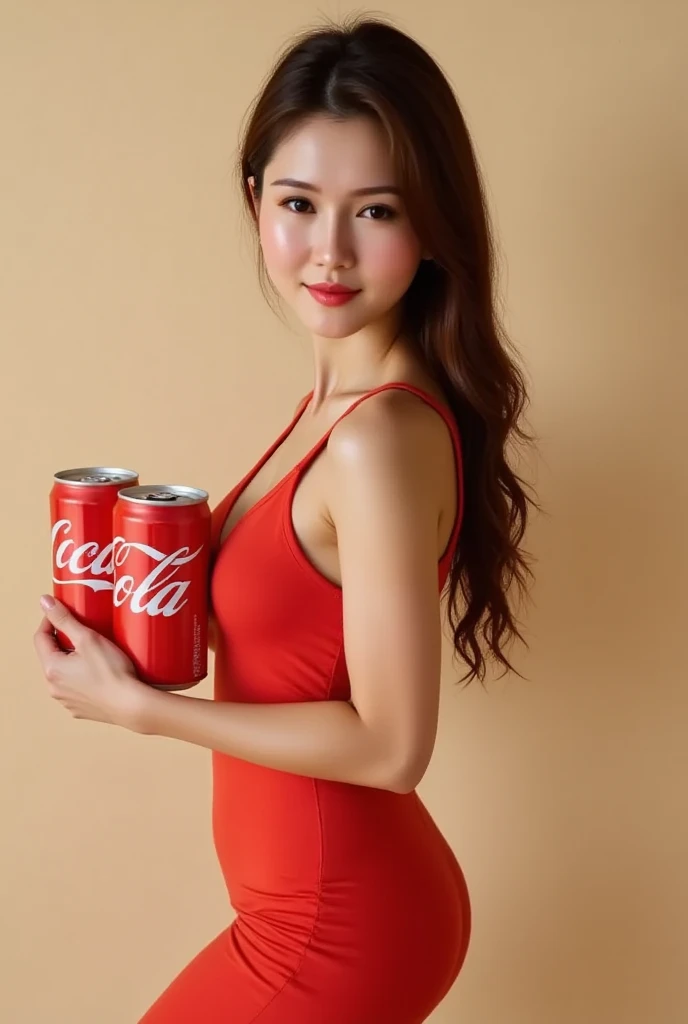 Lisamy carry Cocacola cans, text of cans logo  "Cocacola", full body view, perfect body