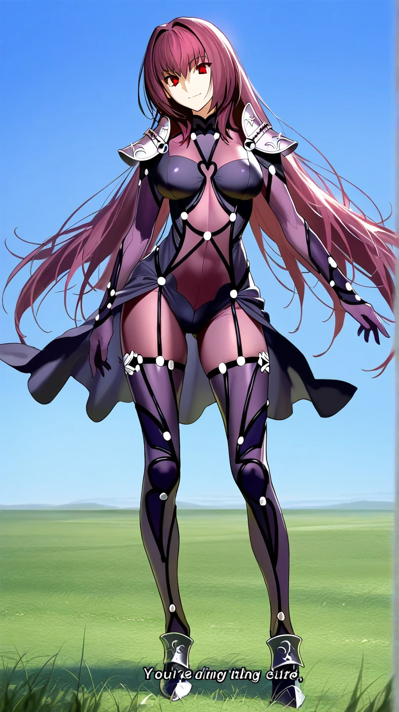  High resolution,  masterpiece, necessary,  The best quality, Detail, Details altos, quality,  lyrics,  very detailed, full body

Scathach,  scathach fate ,  scathach fate  grand order,  long hair ,  curly hair , red eyes,  tight suit , smile

Prado, Grass, blue sky.