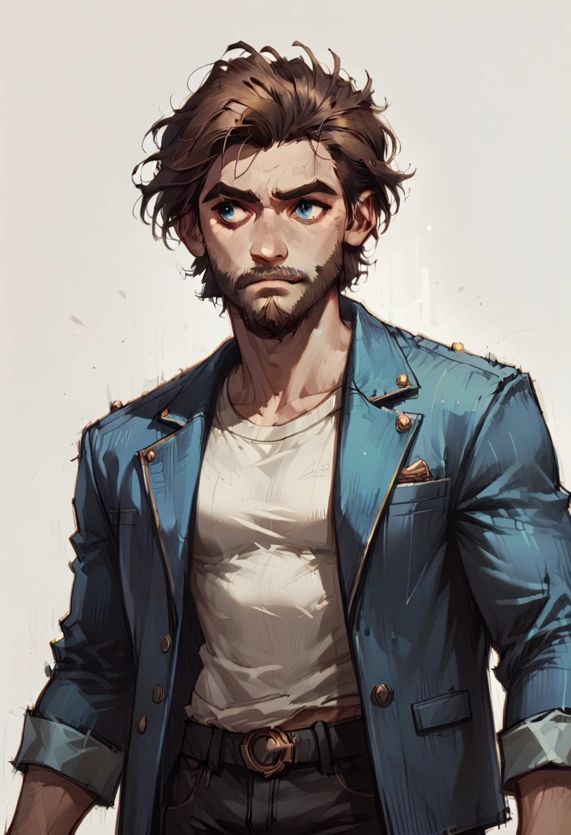  Male bodybuilders  , short beard  , long brown hair ,  blue eyes  , look ahead ,  Wear black pants  ,  White T-shirt , denim jacket ,  with a suit inspired by Jayce de Arcane