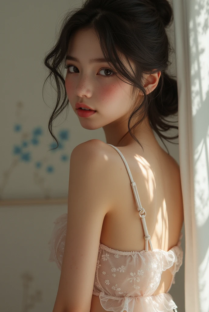 Cute girl freckles lingerie transparent cleavage ass