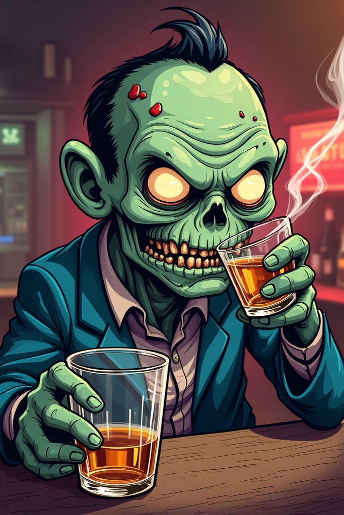 a cartoon-styled zombie man with a miserable expression. He is holding a  cocktail from blood and brain. The overall effect is a memorable, cinematic-quality image that combines horror and humor,    <lora:The_Dark_Side_Of_The_Future:0.7>