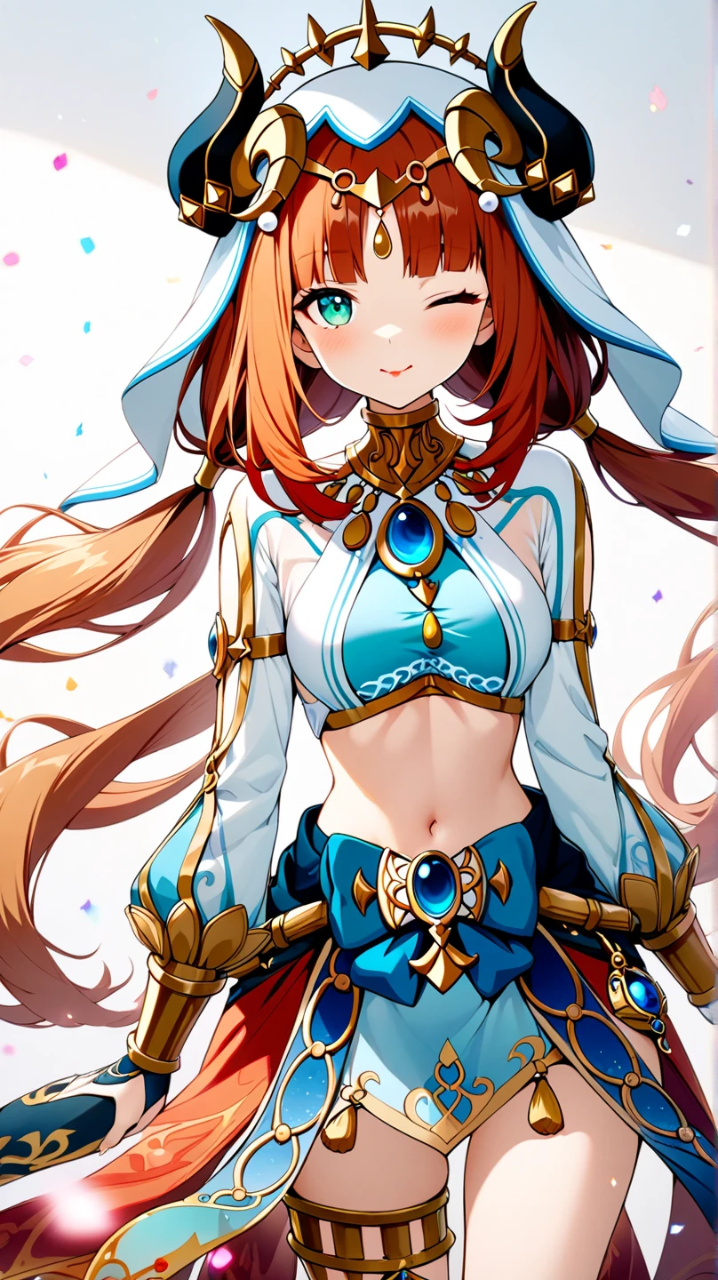 1girl, solo, back light, rainbow, aqua eyes, fake horns, red hair, long hair, crop top, jewelry, horns, veil, bracer, brooch, puffy long sleeves, skirt, bangs, low twintails, puffy sleeves, neck ring, gold trim, parted bangs, arm up, blue skirt, hair ornament, detached sleeves, floating hair, gem, hair flower, blue gemstone