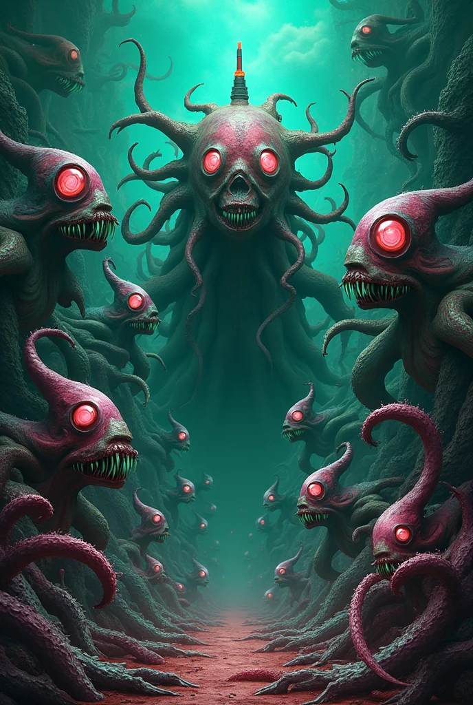 a slime humanoid, full length, red eyes all over the body, long tentacles, sharp teeth, Lovecraft aesthetics