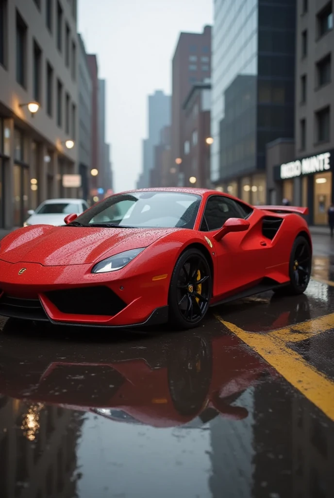 Lisamy drive A red super sports car parked on the ground in the background of the city building,the rainy ground,the reflection,the body line display,the metallic luster paint, perfect body