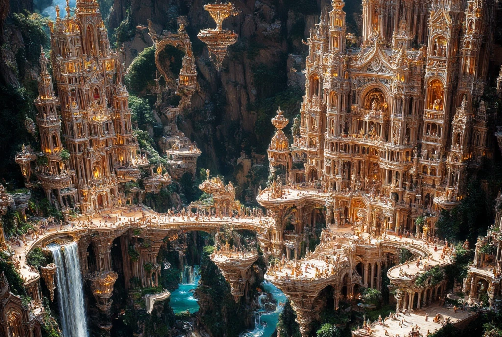 A mesmerizing corner of an ancient South Indian city made entirely of shimmering glass and crystal, showcasing a magical, otherworldly ambiance. Multiple ornate crystal castles rise majestically, each adorned with intricate South Indian architectural details, including carved pillars, domes, and arches. The scene features cascading waterfalls flowing gracefully between bridges that connect the castles. Crystal vimanas with glowing, ethereal energy glide through the sky, adding a sense of divine motion. The landscape is dotted with attics, terraces, and balconies, all designed with exquisite North and South Indian carvings. The entire setting radiates a luminous glow, blending surreal magical light with the timeless elegance of ancient Indian artistry, creating an awe-inspiring, otherworldly vision.