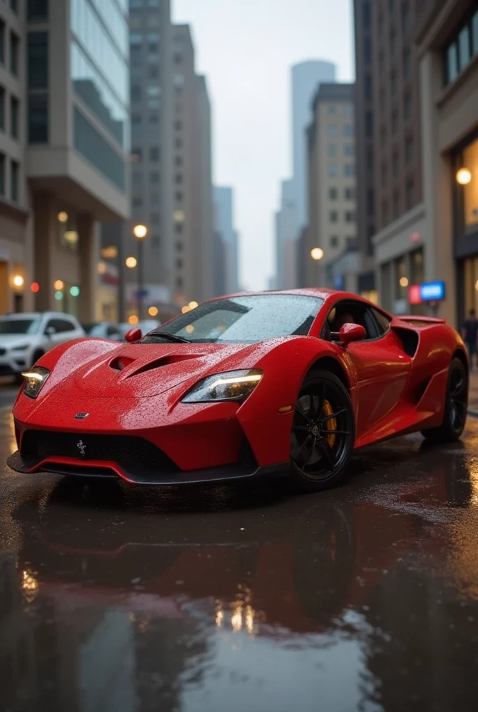 Lisamy, she is driving A red super sports car parked on the ground in the background of the city building,the rainy ground,the reflection,the body line display,the metallic luster paint, perfect body