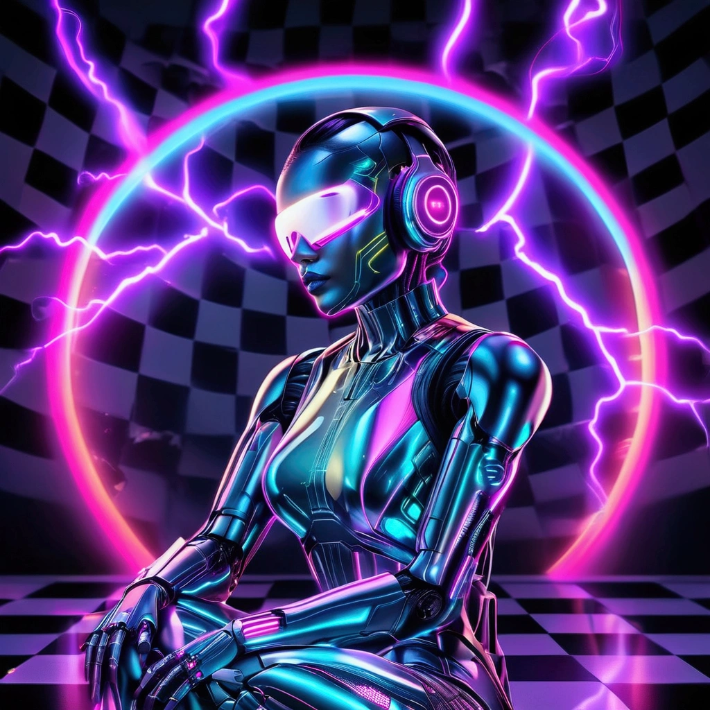 a robot  sitting on a checkered floor, cybernetic wallpaper, cyber style, cybernetic glowing, cyberpunk art style, cyber aesthetic, cyber universe style, retrofuturistic female android, glitchpunk girl, masterpiece epic retrowave art, synthwave art, synthwave digital art, cyber punk, cyberpunk robot, cyberpunk vibes, synthwave art style