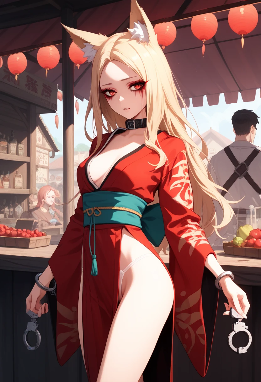 Sex slave,   Long hair ,  compose, mascara , rpg, mucus,   smooth leather  ,    erotic pose, cut out,    School of the Dead    , 4K,  , topic,  blond hair  ,   candidate outfit  ,   tied girl, tied mouth  , fox ears,  red revealing kimono,  translucent underwear is standing at the bar , covered in sperm, , market, handcuffs