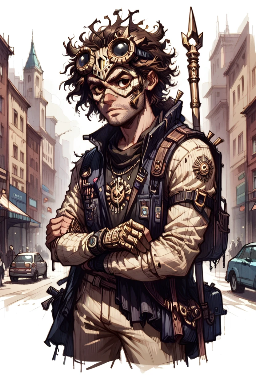 Young with a medium build in the style of Arcane, with an intermediate skin tone and unshaven, messy mullet hair. Brown eyes. He would wear a mix of outfits: technological attire with elegant details, blending Jayce's hextech sophistication with Ekko's urban, rebellious vibe. He would carry a hybrid weapon, such as a transformable staff incorporating hextech technology. His gaze would be flirtatious, and he’d wear a beige and gold owl mask similar to Ekko’s.
