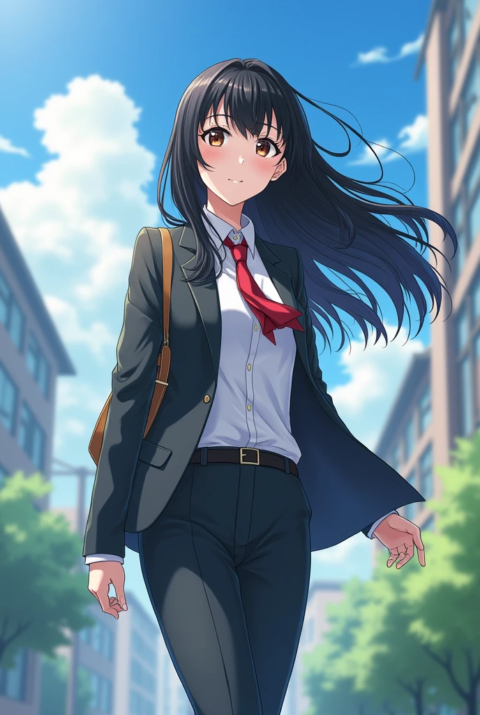  girl、Japanese、  College Student 、 manly face、Physically slim、Tall、 black hair、Tall、 handsome、  character 、Tranquility、Cool Beauty、walk、Mature Woman、Anime Style、  character 、High image quality、wind、outside