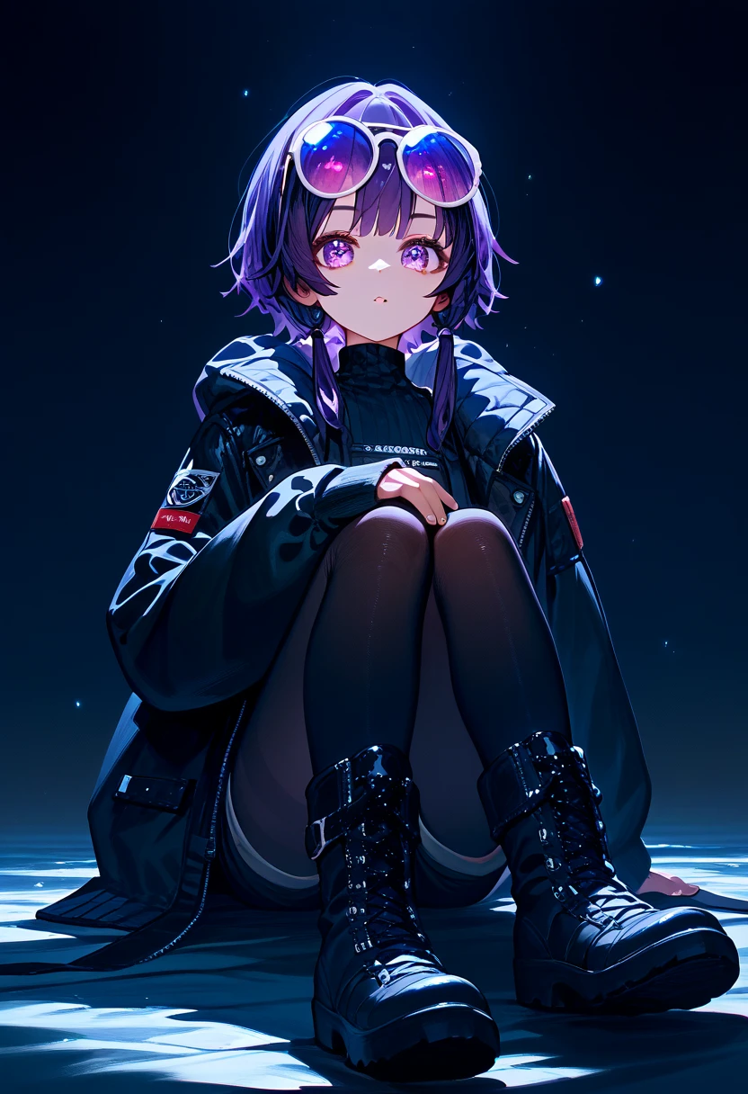 Score_9,Score_8_up,Score_7_up,highest quality,detailed,1 girl,bangs,pretty eyes, purple eyes, eyewear on head, black jacket, jacket on shoulders, shirt, shorts, pantyhose,boots,

 