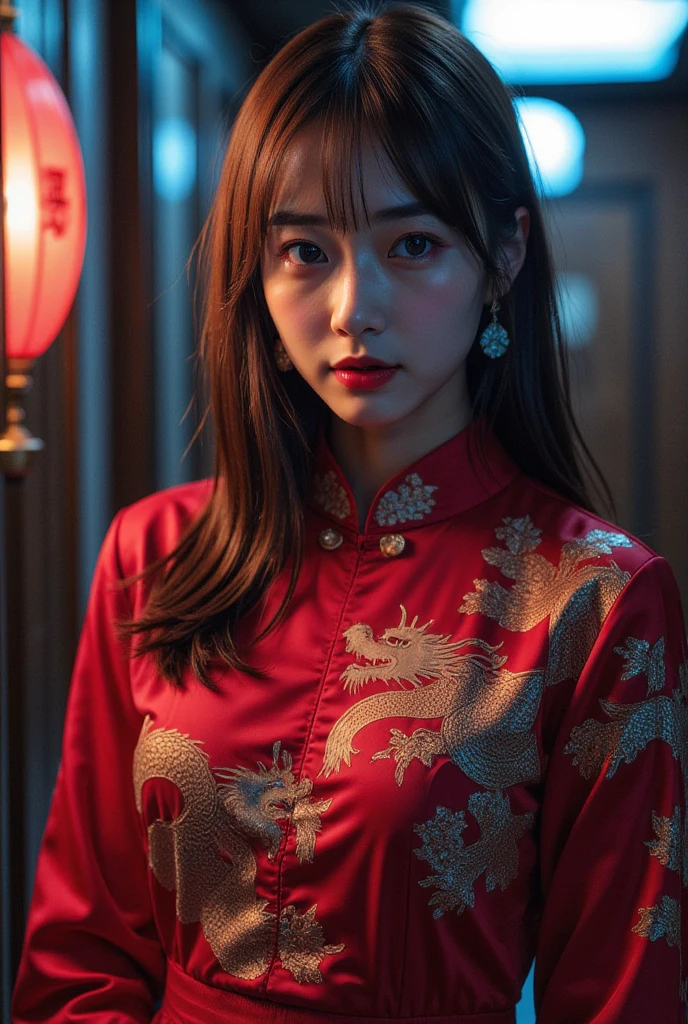 perfect composition, Proper placement, Golden Ratio, professional photos,  beautiful Japanese woman , sexy female assassin ,  oily skin with ultra-detailed expression, looking at the viewer , Brown Hair,  straight hair ,  traditional Chinese dress ,  beautiful china dress with red dragon pattern, in the lobby of a cheap hotel in Hong Kong, Dark indoors,  red lights and blue lights , Bokeh,  depth of field