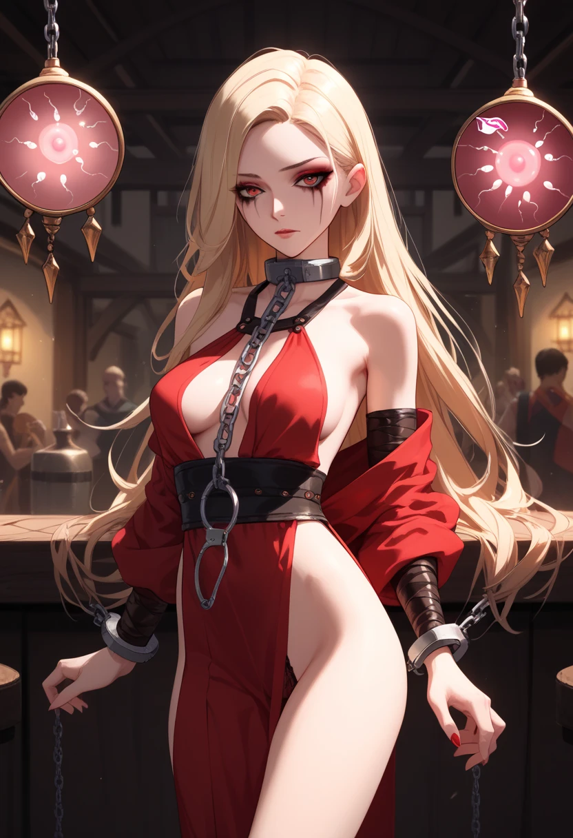 Секс-slave,   Long hair ,  compose, mascara , rpg, mucus,   smooth leather  ,    erotic pose, cut out,    School of the Dead    , 4K,  , topic,  blond hair  ,   candidate outfit  ,   tied girl, tied mouth  , fox ears,  red revealing kimono,  translucent underwear is standing at the bar , covered in sperm, , Slave market, slave, handcuffs, 