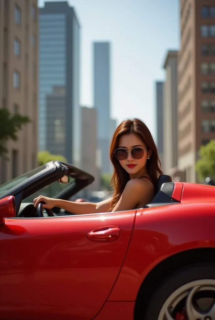 Lisamy bring sun glasses, she is driving A red super sports car parked on the ground in the background of the city building, perfect body