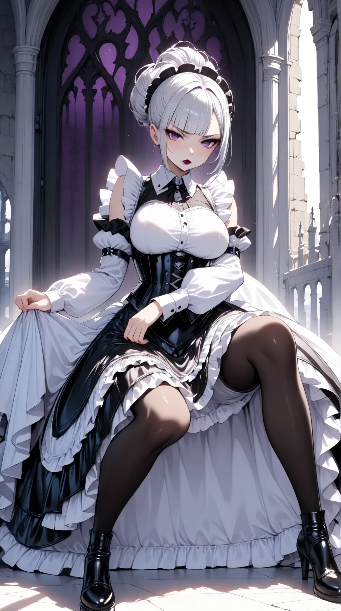  Young Beautiful Woman ,( best quality, very detailed depiction, incredibly absurd high definition),(Black and white gothic maid outfit,Maid Skirt, Corset , black tights,Black boots),( Silver Hair, hair up to the shoulders,Purple Eyes, Half Closed :1.3, grumpy expression:1.3,Black lips:1.5,Heavy makeup, big chest, shiny skin), full body image :1.3, side view:1.5,profile:1.5,background:Castle, Bright Atmosphere ,Pose to welcome guests, dramatic lighting ,
