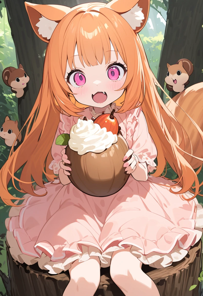  best quality、 one girl、Slender body、 Video 、Orange long hair、Squirrel Ears、round face、One cute fangs 、Pink eyes、 cream colored dress 、Sitting on a stump、 has a big acorn、 strange face 