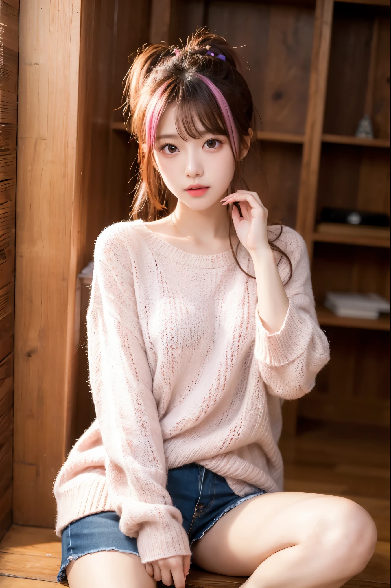 shiina yuika, purple eyes,long hair, ponytail,hair between eyes, hair ornaments, pink hair ,hairclip, sweater, shorts