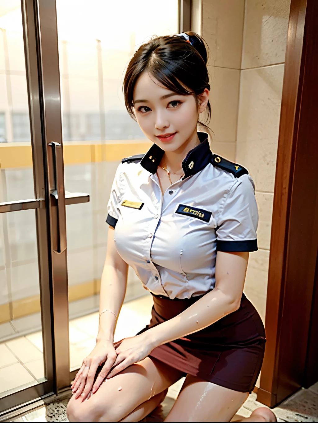 ( A gorgeous lady , 21 years old,  wearing an air stewardess ,  Shenzhen airline stewardess , Wet White Shirt ,  Wet Red Mini Skirt ,  Kneeling in the Bathroom ,  smile with a wine cage ,  Short Ponytail Hairstyle ,  short hair wave ,  Cute Crooked Teeth ,  Full rounded chest ,  Straightened flawless legs , Realistic photos,  Beautiful Delicate Eyes, Beautiful detailed faces,  Surrealism ,  High Contrast , Ultra HD, Real Skin Texture , Top影像品質, Top,  super high resolution,  Fine details ,  extremely carefully , close-up, from head to legs, masterpiece, ROMANTIC NIGHT ,  Dark Bokeh Background)