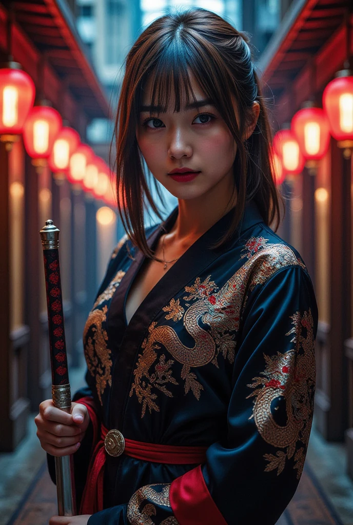 medium shot, perfect composition, Proper placement, Golden Ratio, professional photos,  beautiful Japanese woman , sexy female assassin ,  oily skin with ultra-detailed expression, looking at the viewer , Brown Hair,  straight hair ,  traditional Chinese dress , holding a sword,  beautiful china dress with red dragon pattern, in the lobby of a cheap hotel in Hong Kong, Dark indoors,  red lights and blue lights , Bokeh,  depth of field