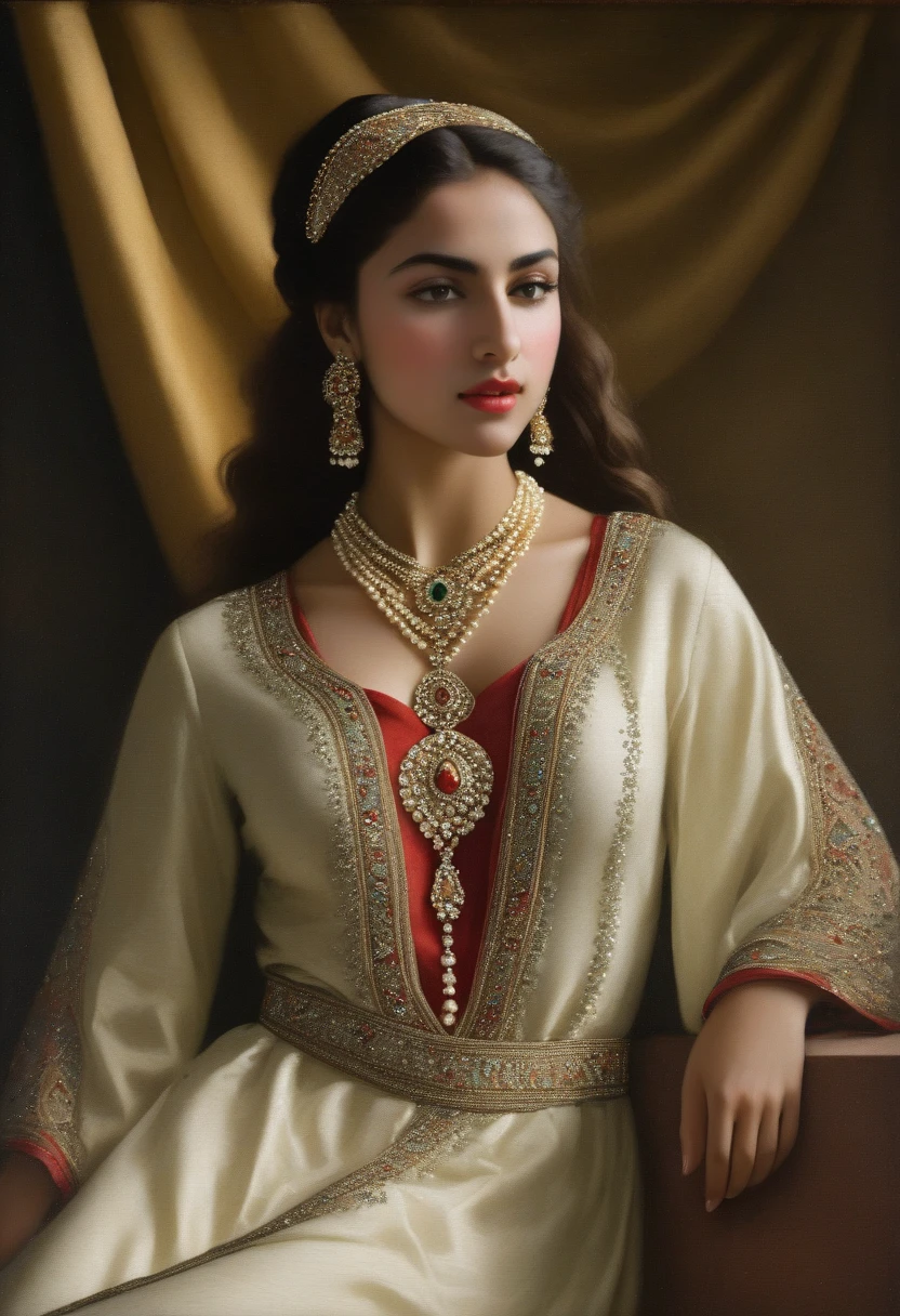 (High Resolution, Masterpiece: 1.2), (Realistic: 1.37) "(Best Quality, High Resolution, Ultra Detailed, Realistic), Stunning full-length painting of a beautiful 25-year-old nude Arab girl from the 19th century with medium breasts wearing a single necklace made of small pearls and a small pendant, with full red lips, transparent from her bare breasts, dressed in a silk robe, (She is a breathtaking beauty with green eyes and a high nose: 1.1), detailed facial features, flowing locks, slightly wavy hair adorned with small pearls woven into the hair, with some lightened strands, composed and elegant posture, soft and delicate lighting, classic oil painting technique, vivid colors, subtle background with floral patterns", dreamy atmosphere, surrealism, mystical deco aura, (((Polish painter Topolski style)))