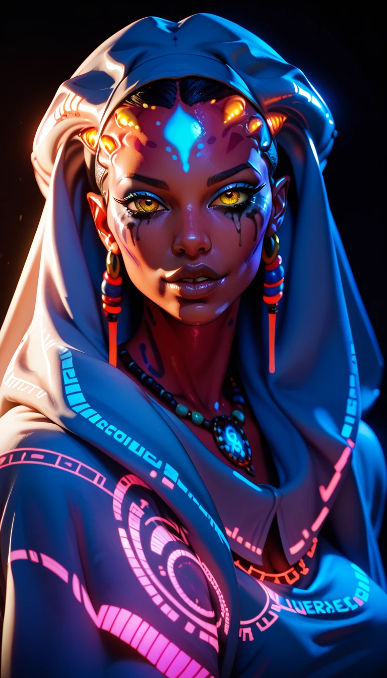 Ancient Extraterrestrial Creature, Alien Being, ((Non-Human)), Female seductive Alien, colorful skin, Revealing Glowing Biopunk, Holographic Alien Tribal, Tribal Alien Priestess, Glowing Makeup, Blacklight, Glowing, Seductive Alien Technology, Black Background, Character Design Sheet