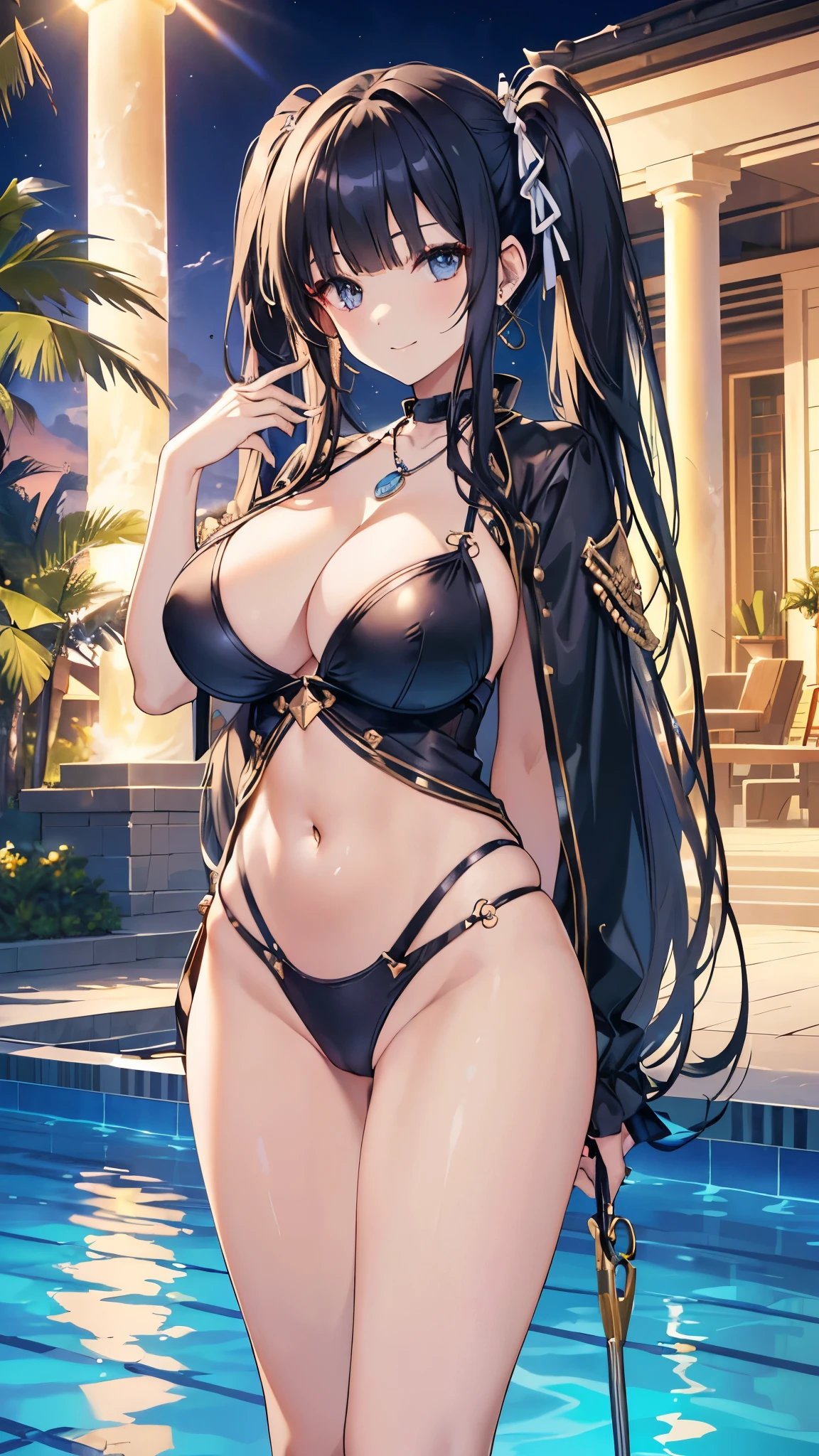 (8K、Highest image quality、highest quality、masterpiece)、detailed face, (gigantic cleavage breasts:1.4),(black hair,straight twintails,blunt bangs),shiny eye,(outdoor,luxury hotel, poolside,paradise), great,(tight costume,navel pierce:1.5),(plunging,groin,pendant,navel pierce,cowboy shot:1.3),  (((the vulgar))), (Happy),( standing,straight on, from the  front:1.4),(shiny skin,oily skin), hands out, Smiling,