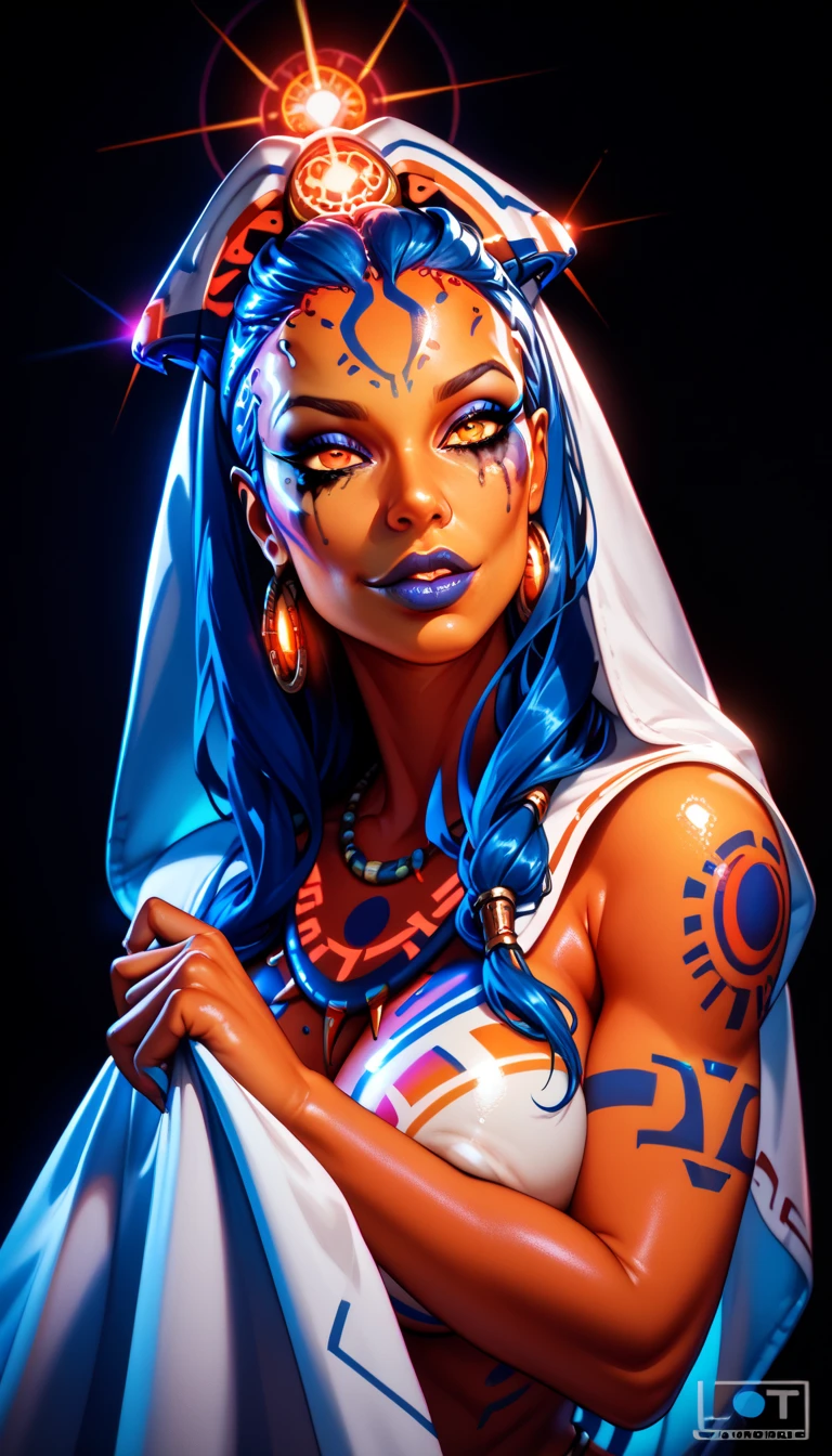 Ancient Extraterrestrial Creature, Alien Being, ((Non-Human)), Female seductive Alien, colorful skin, Revealing Glowing Biopunk, Holographic Alien Tribal, Tribal Alien Priestess, Glowing Makeup, Blacklight, Glowing, Seductive Alien Technology, Black Background, Character Design Sheet