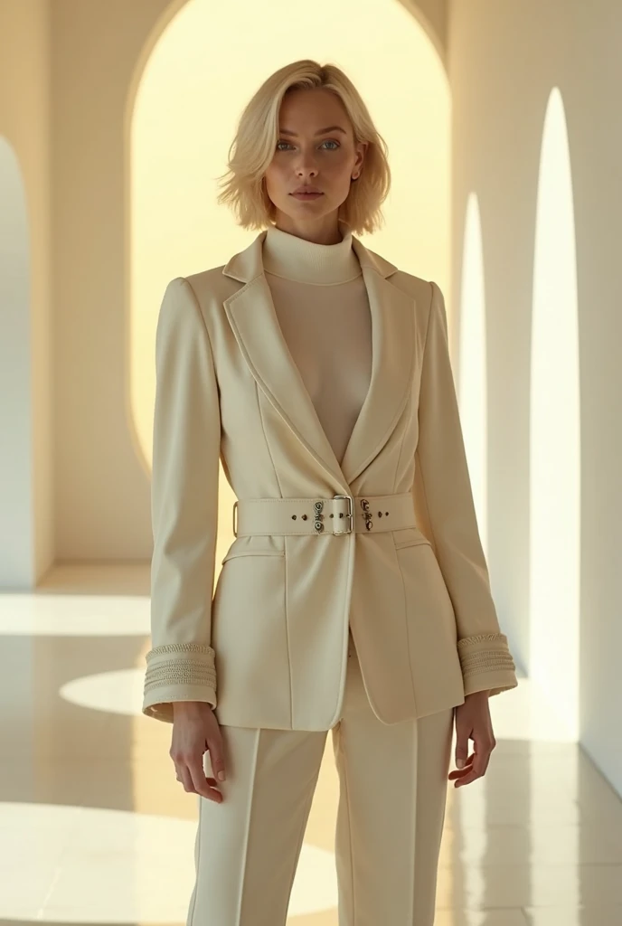 Blonde girl, pale skin, diffuse light, model style, bella hadid, big blonde straight hair, straight blonde bangs, Defined face, model style, model, platinum hair, fringe on the forehead